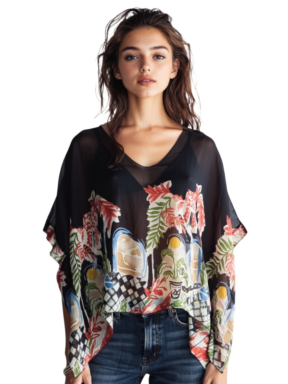 Billowy Silk Overlay Funky Artisan Batwing Top Size Large *Flaw